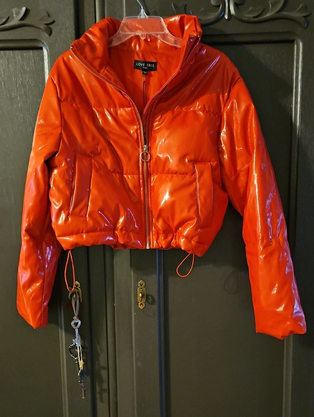 Love Tree Glossy Red Faux Leather Puffer Jacket
